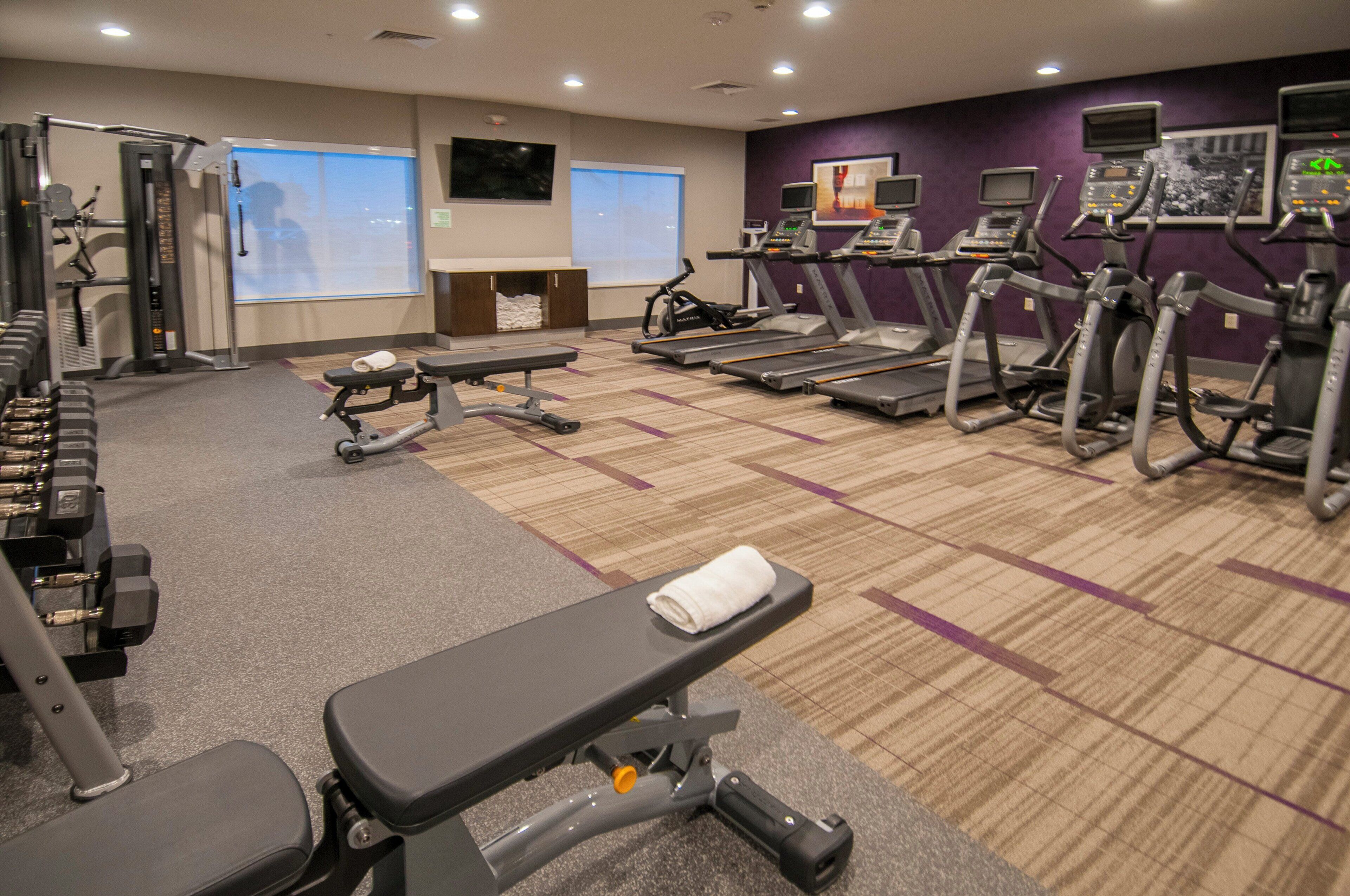A gym with treadmills, weight machines, and a bench.