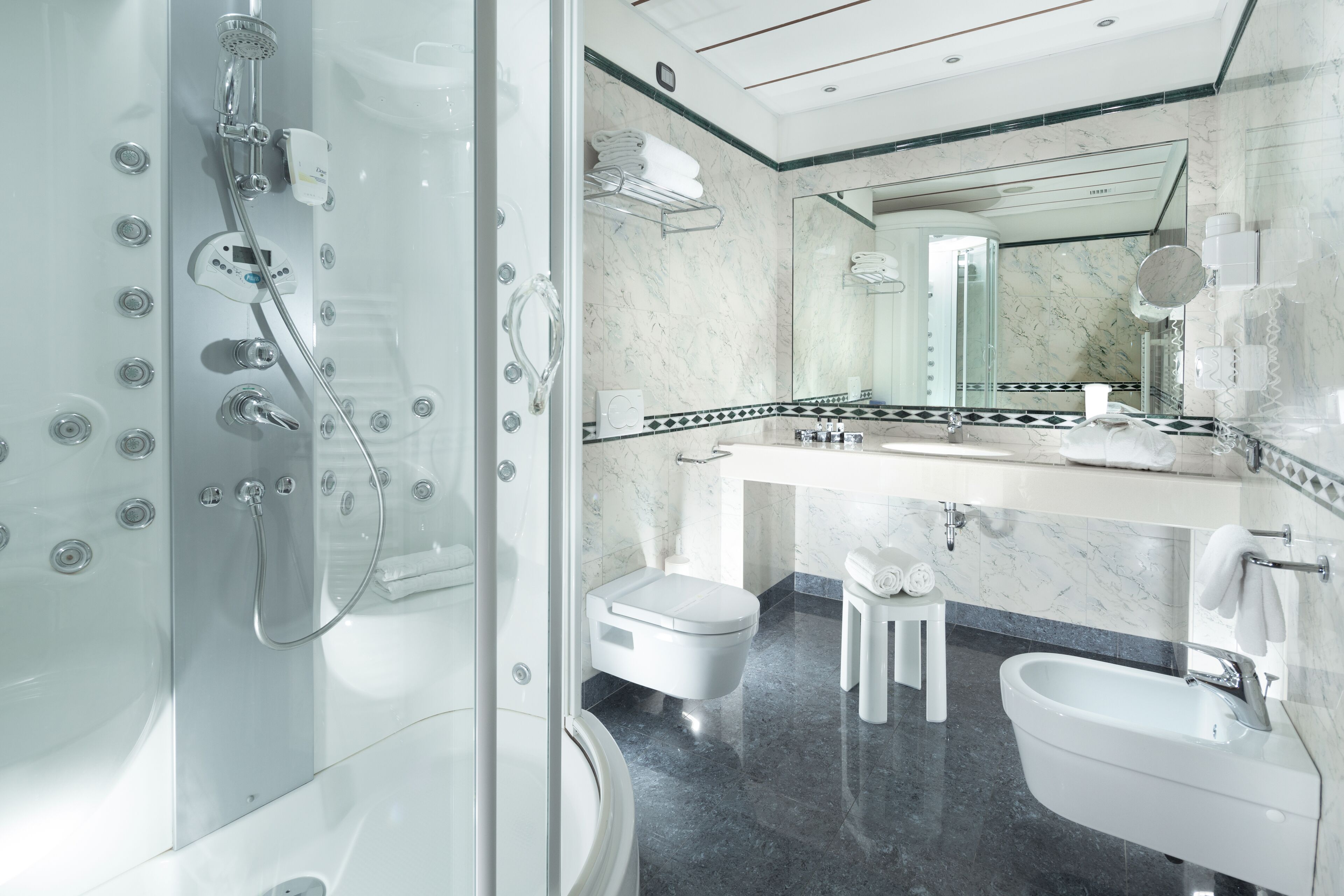 Shower, rainfall showerhead, hair dryer, bidet