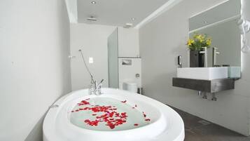Designer toiletries, hair dryer, bathrobes, slippers