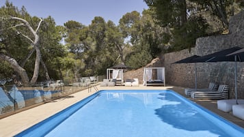 Seasonal outdoor pool, pool umbrellas, pool loungers