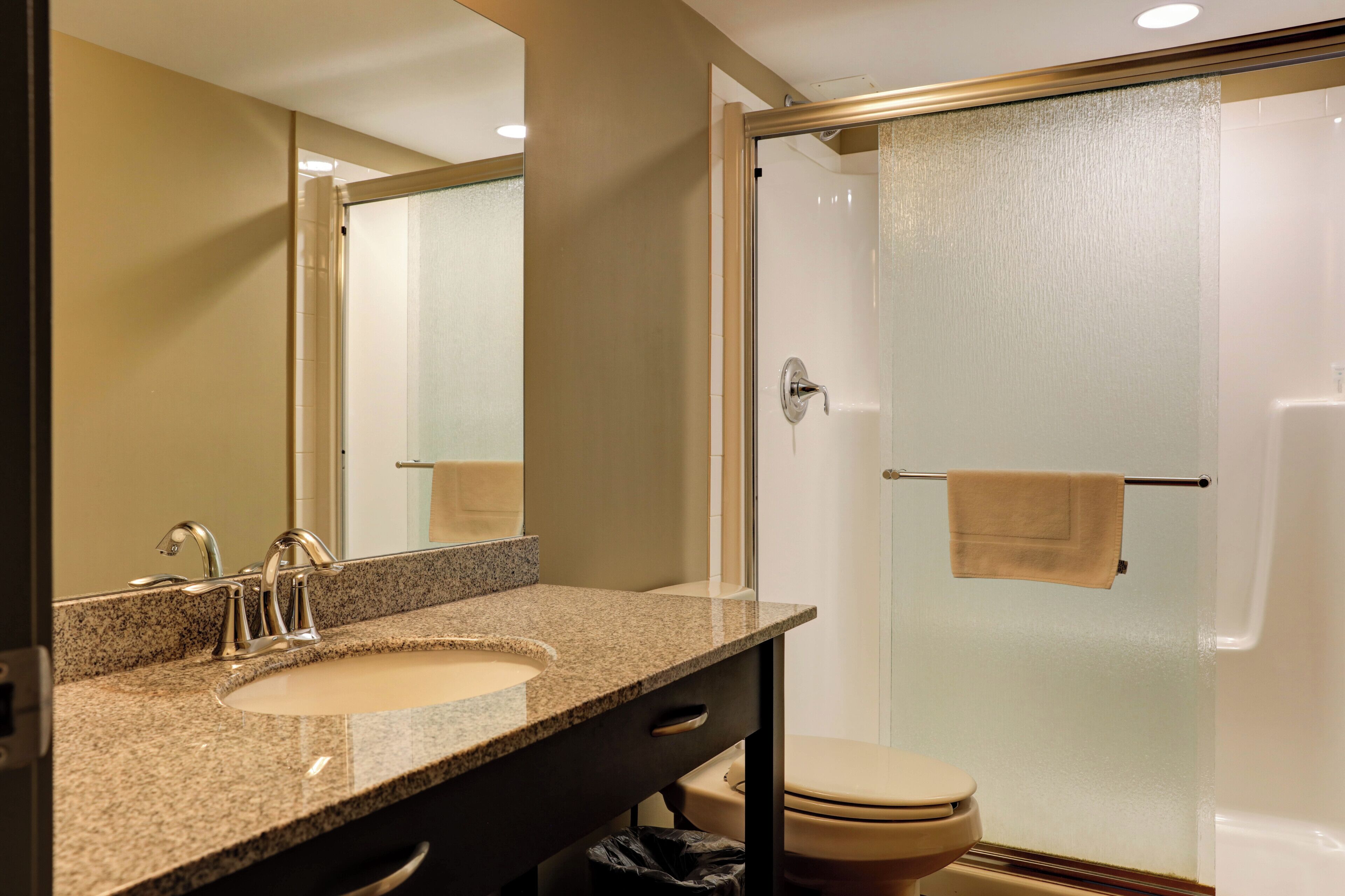 Hair dryer, heated floors, towels, soap