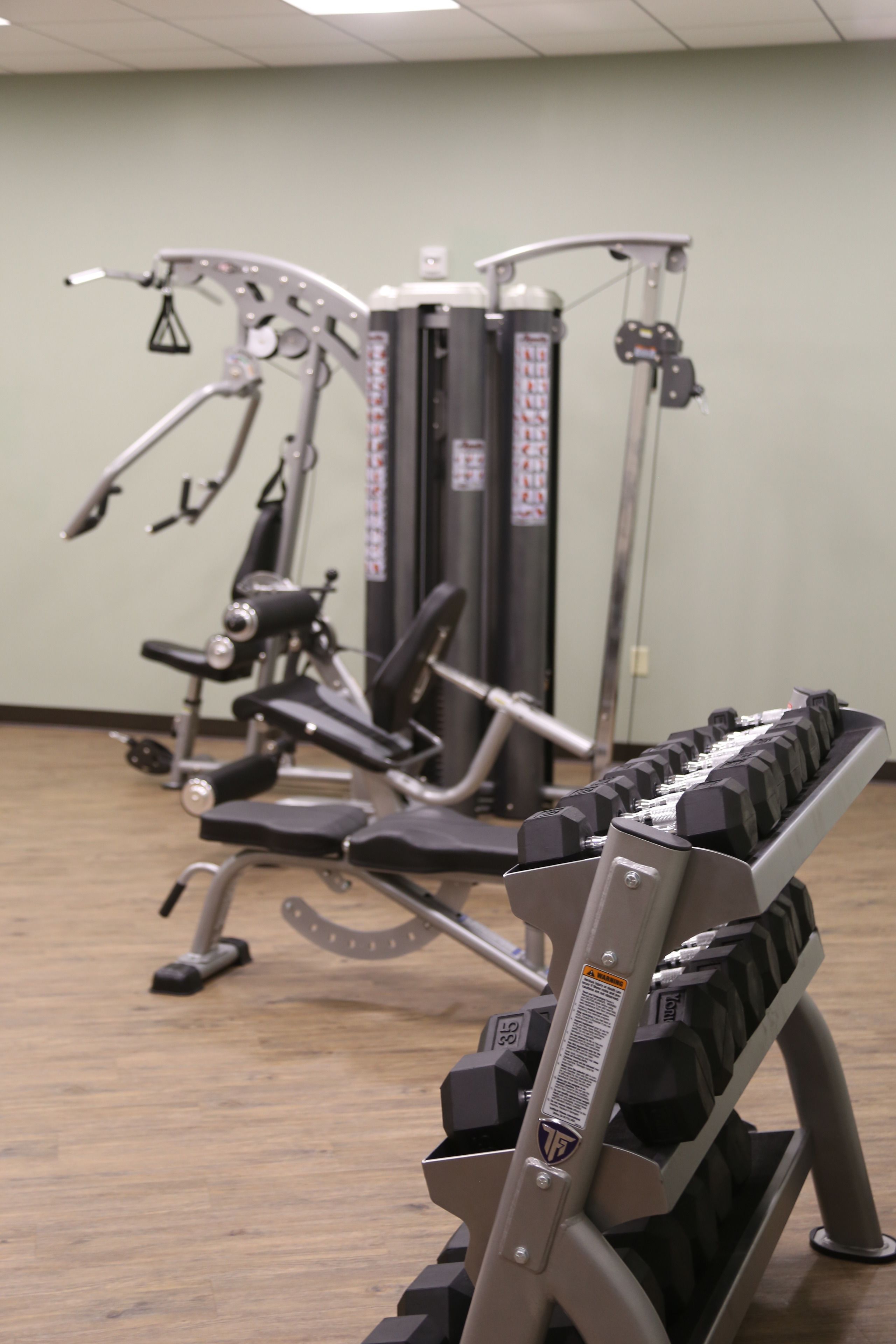 Uma academia com diversos equipamentos de exercício, incluindo um banco de supino e uma máquina de polia.