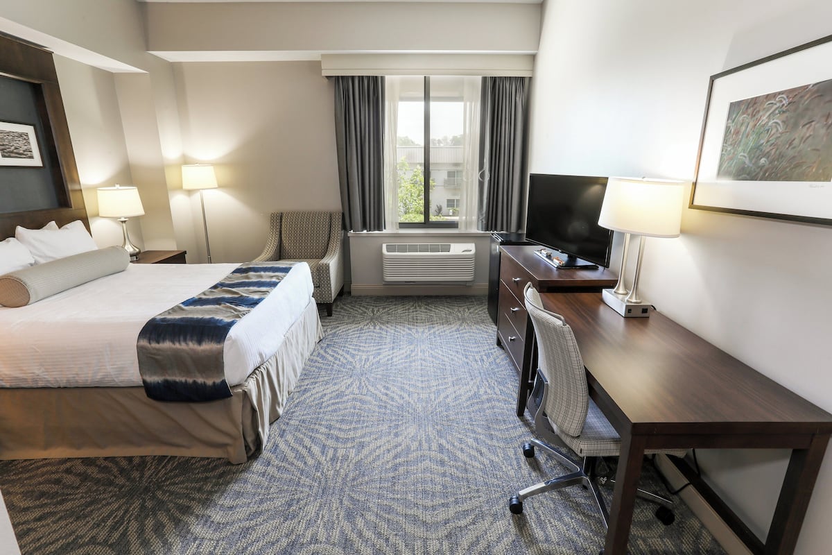 A hotel room with a bed, desk, chair, TV, and a window with curtains.