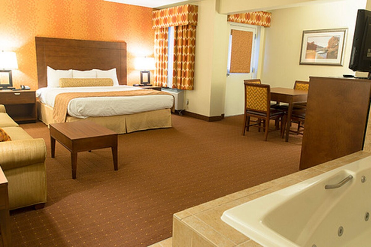 A hotel room with a bed, a sofa, a desk, a chair, a TV, and a bathtub.