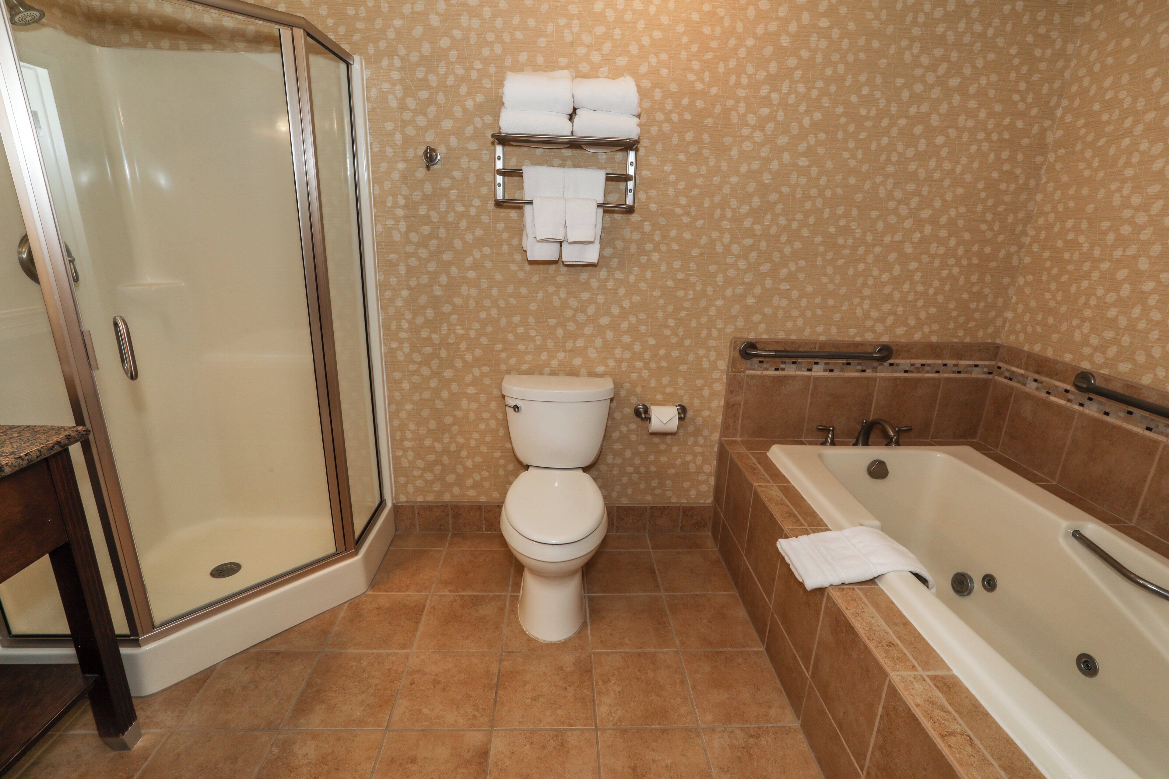 A bathroom with a shower, toilet, and bathtub.