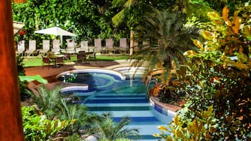 Outdoor pool, pool umbrellas, pool loungers