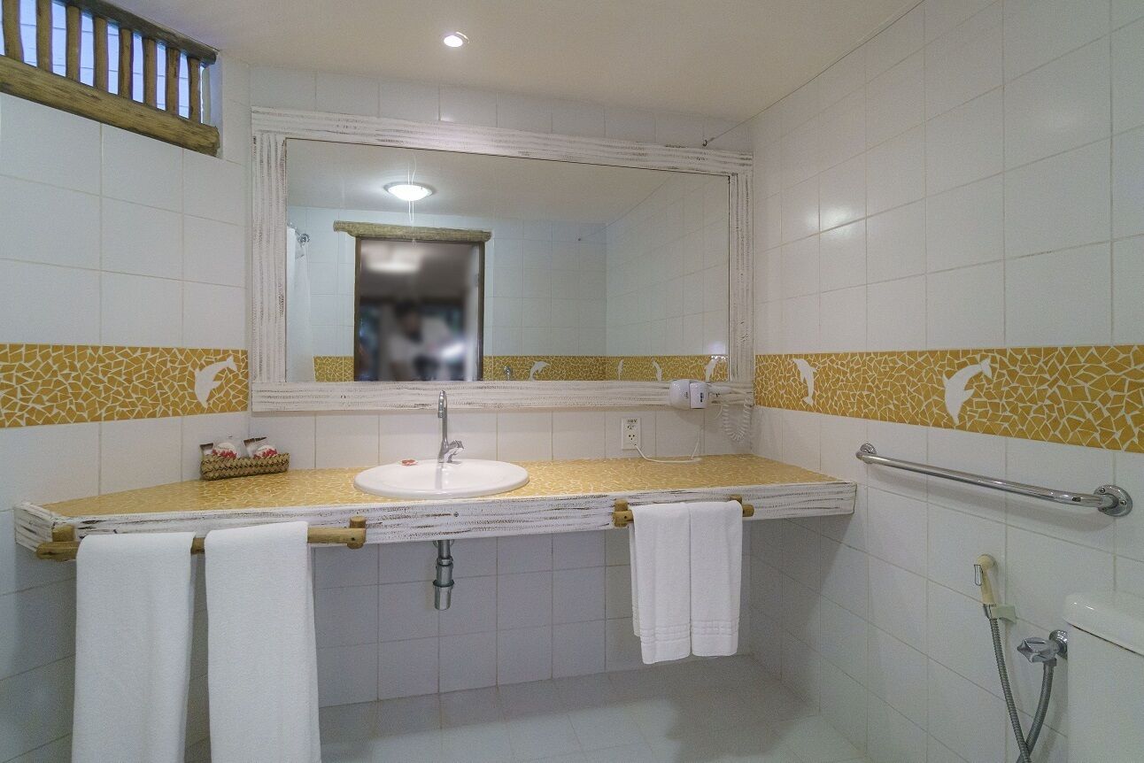 apartment with balcony | bathroom | shower, hair dryer, towels