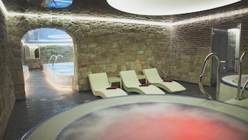 Indoor pool, open 9 AM to 9 PM, pool loungers