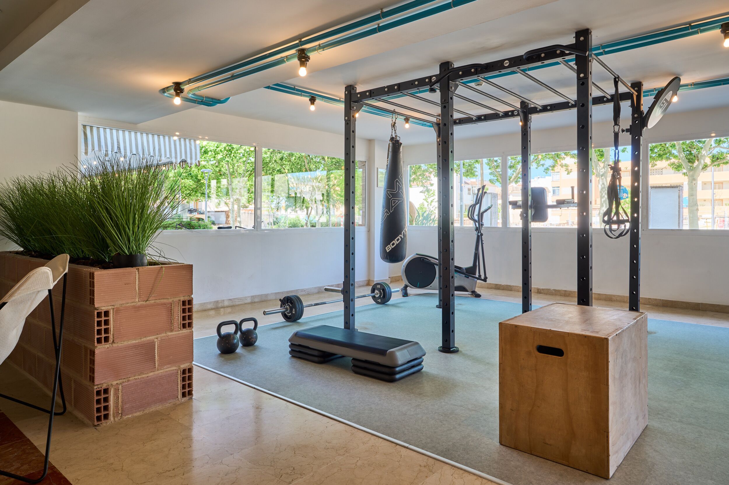 Un gimnasio con barra de dominadas, kettelbells, saco de boxeo y una jardinera de ladrillo.