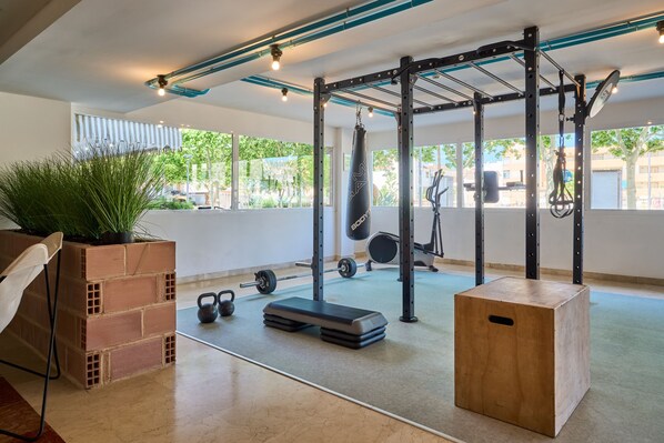A gym with a pull-up bar, kettlebells, a punching bag, and a brick planter.