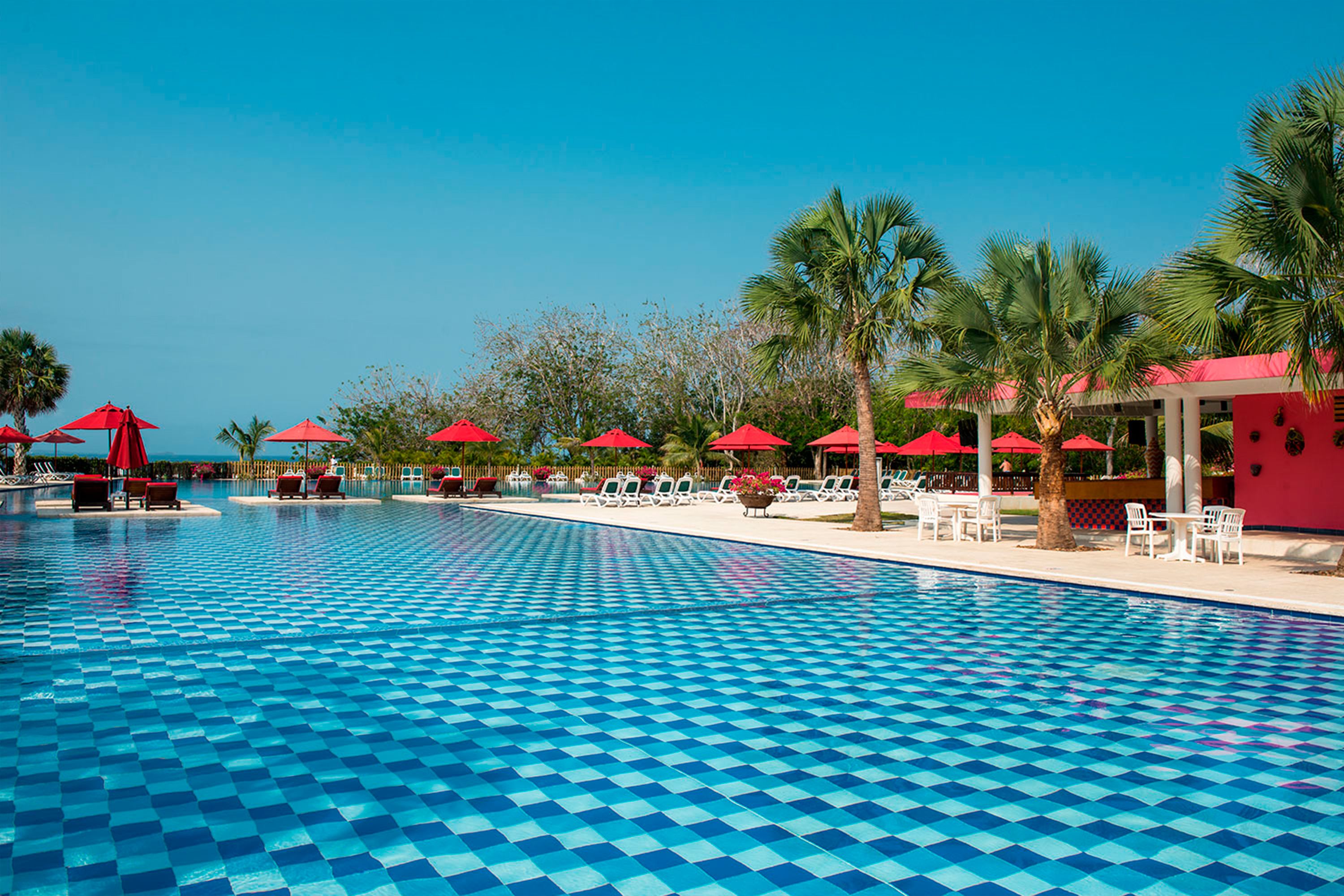A pool with a checkered pattern, surrounded by lounge chairs and red umbrellas, with palm trees and a clear sky in the background.