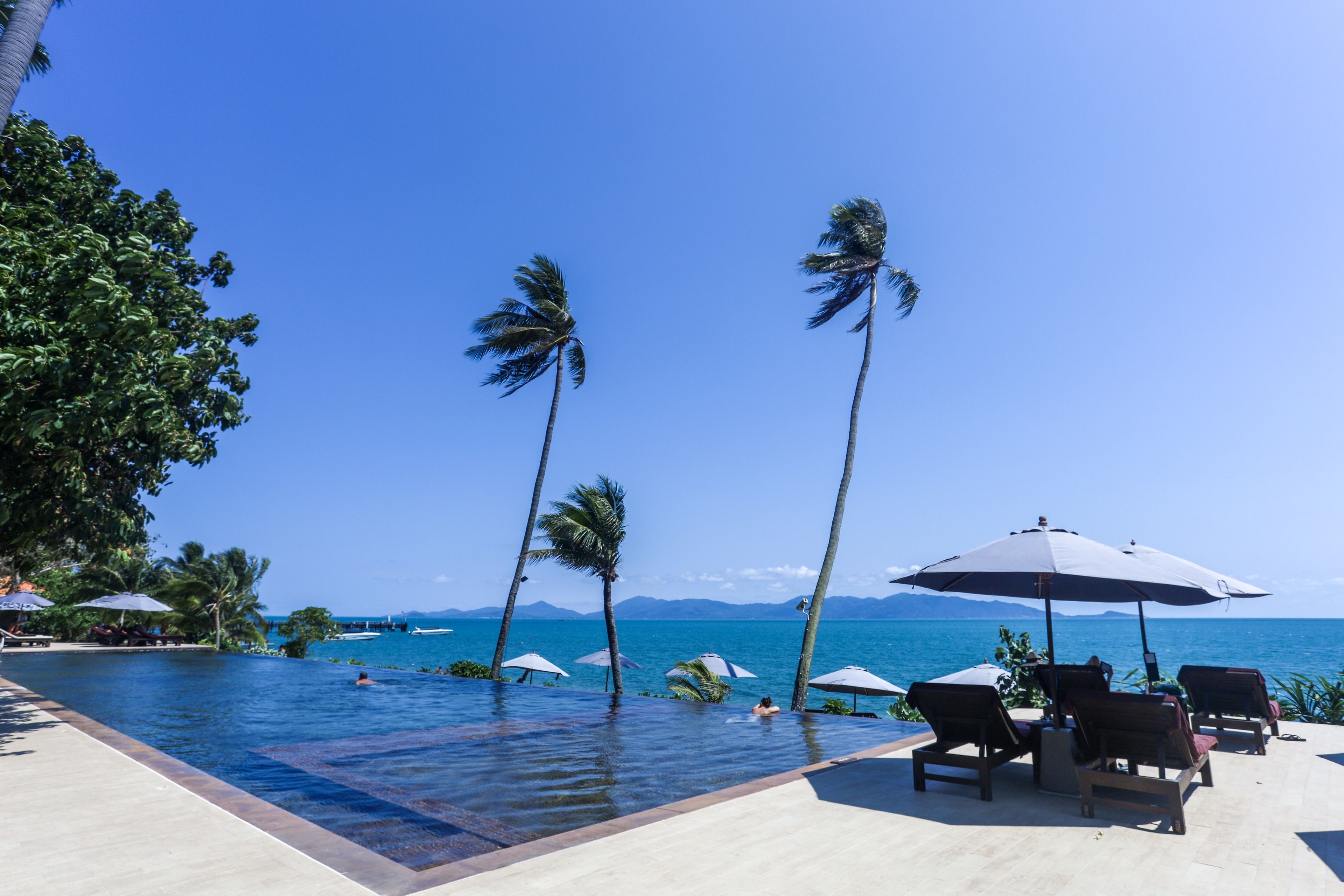 outdoor pool, pool umbrellas, pool loungers