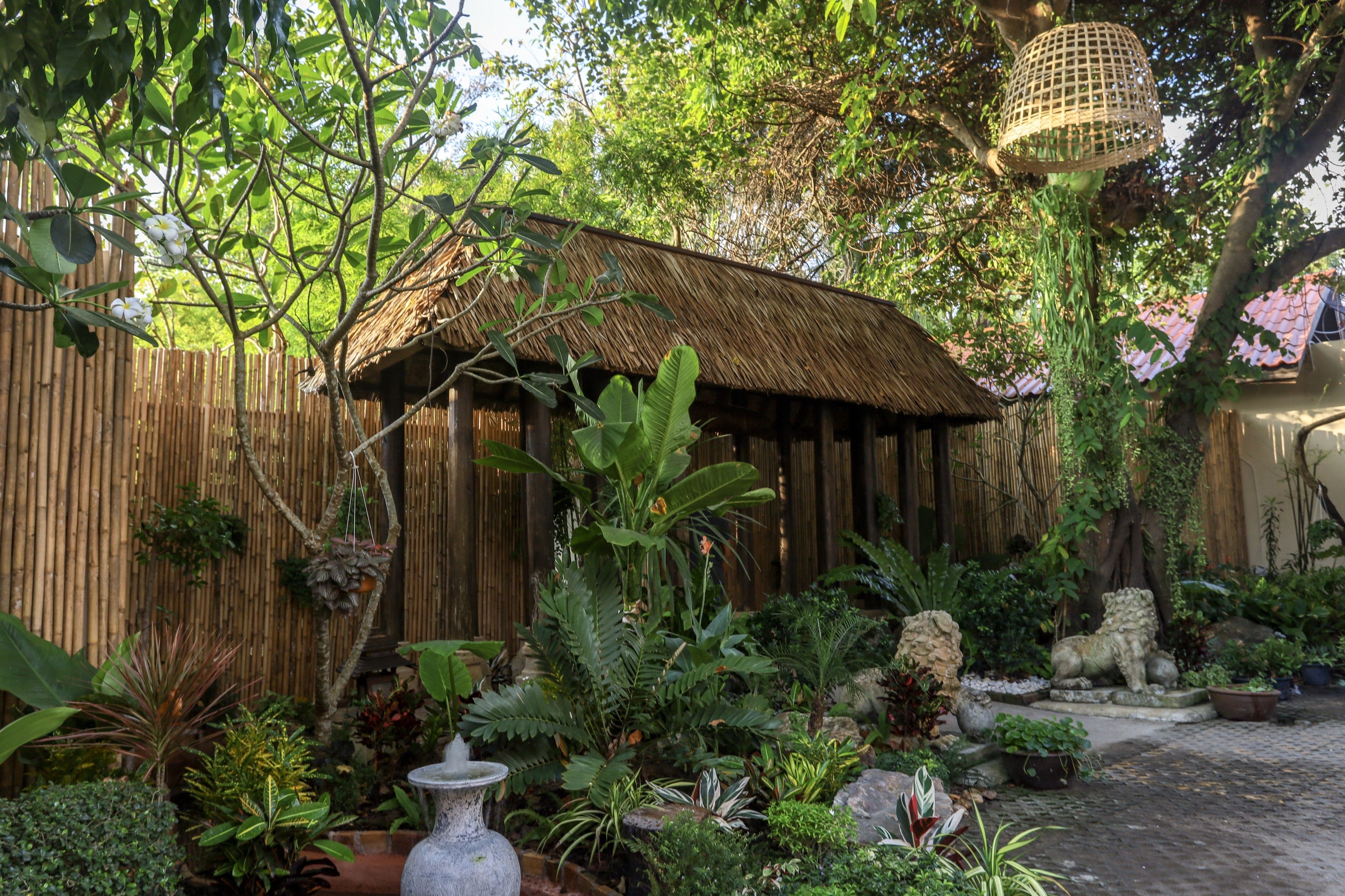 A rustic garden with a thatched-roof hut, various plants, a stone lion statue, and a hanging basket.