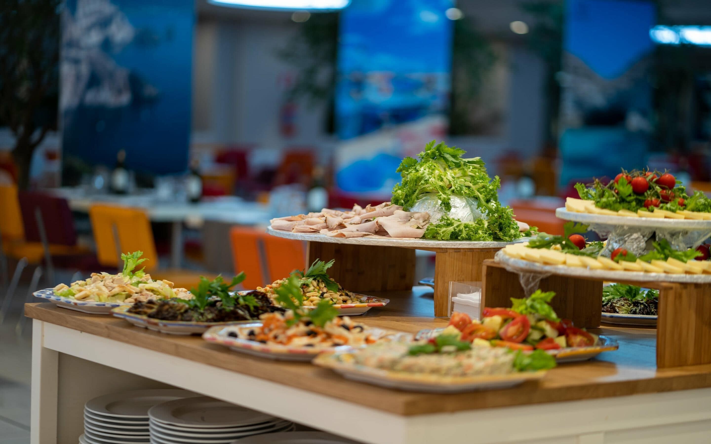 A buffet with various dishes including salads, meats, and pizzas.