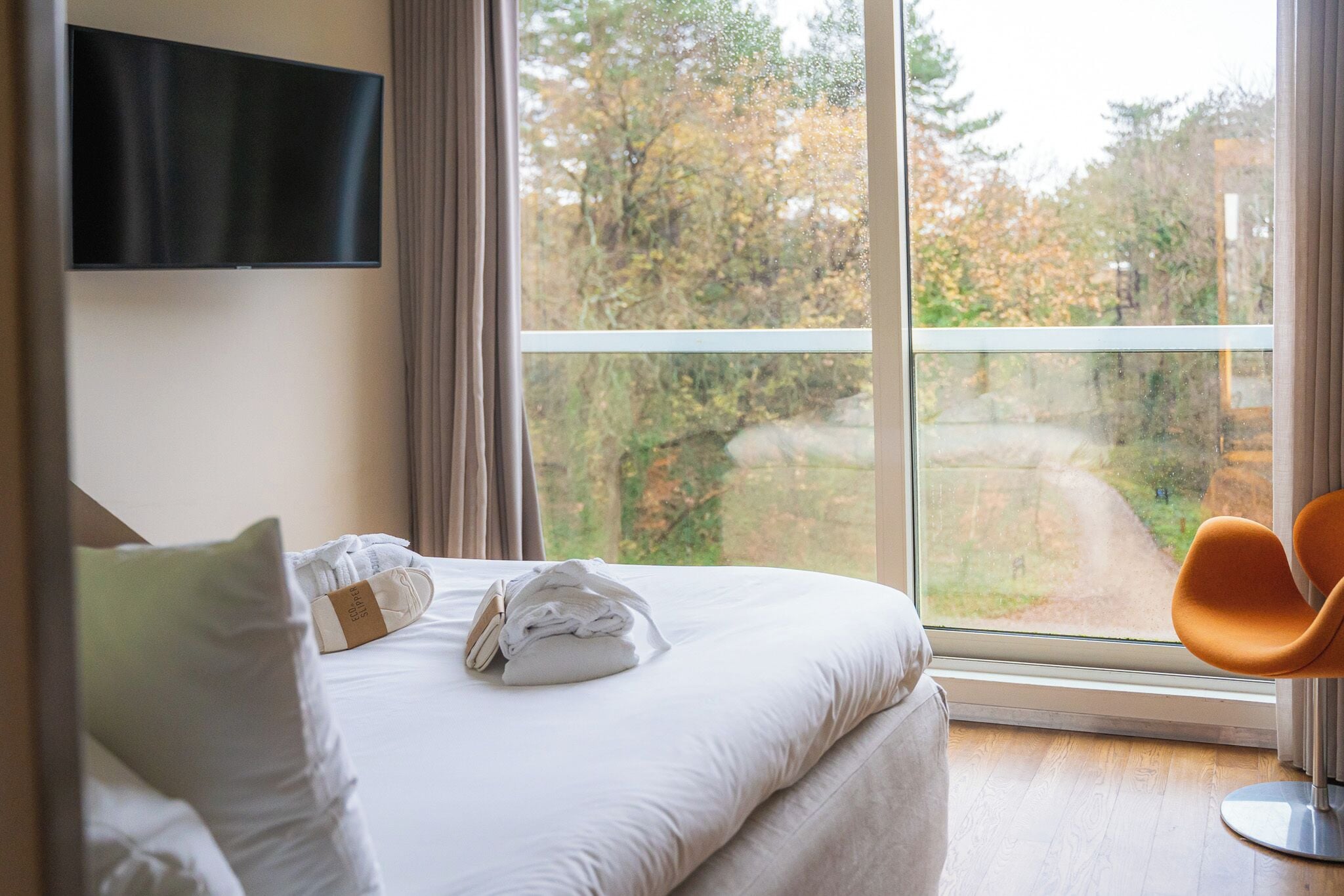 Quarto de hotel com cama, televisão, janela com vista para árvores e um caminho, e uma cadeira.