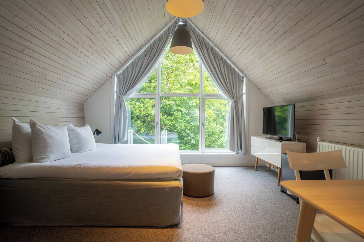 A bedroom with a large bed, a TV, and a window with curtains.