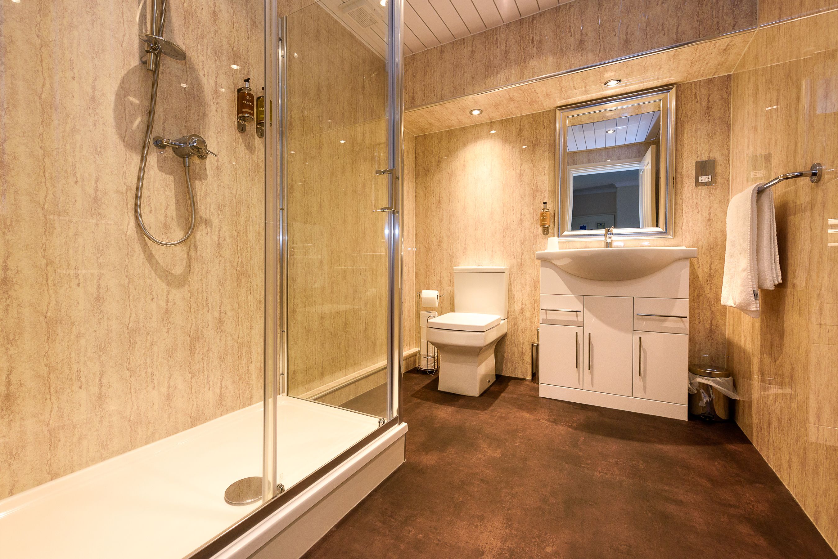 combined shower/bathtub, free toiletries, hair dryer, towels