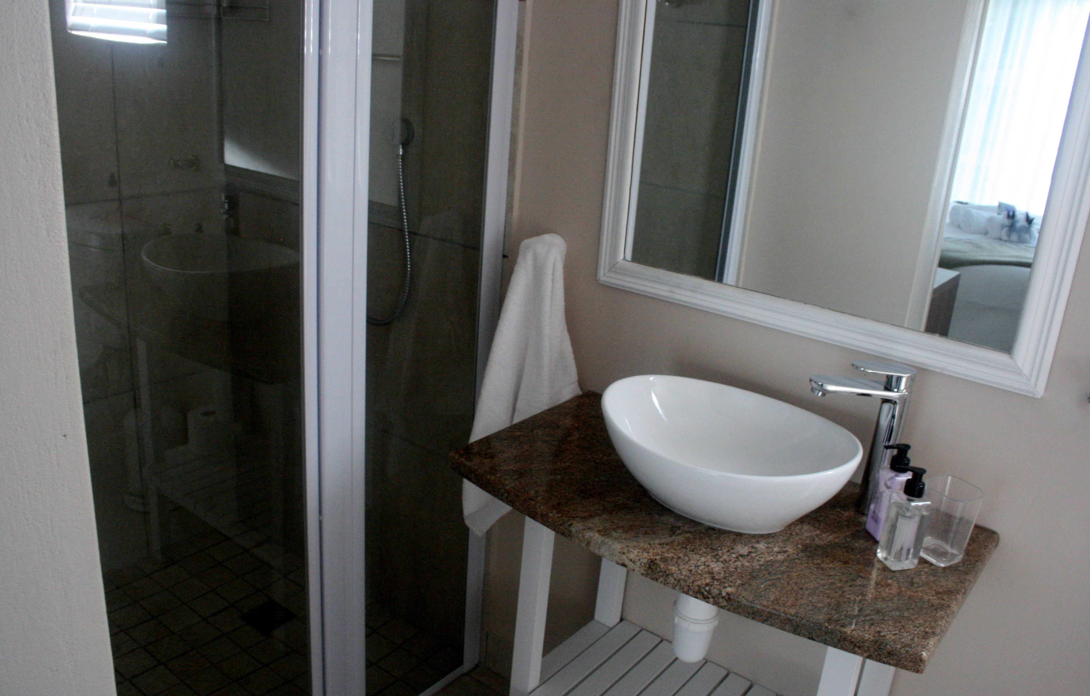 Une salle de bain avec un lavabo blanc, un miroir et une douche.