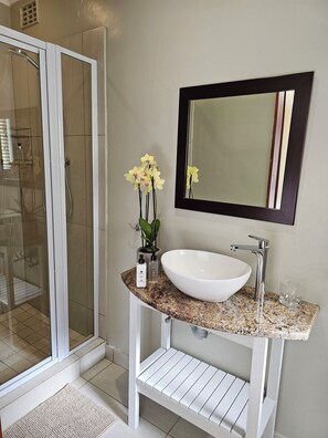 Standaard kamer | Badkamer | Een douche, een haardroger, handdoeken