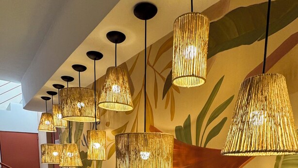 A hallway with hanging pendant lights and a floral mural on the wall. - Coral Express (Porto Alegre)