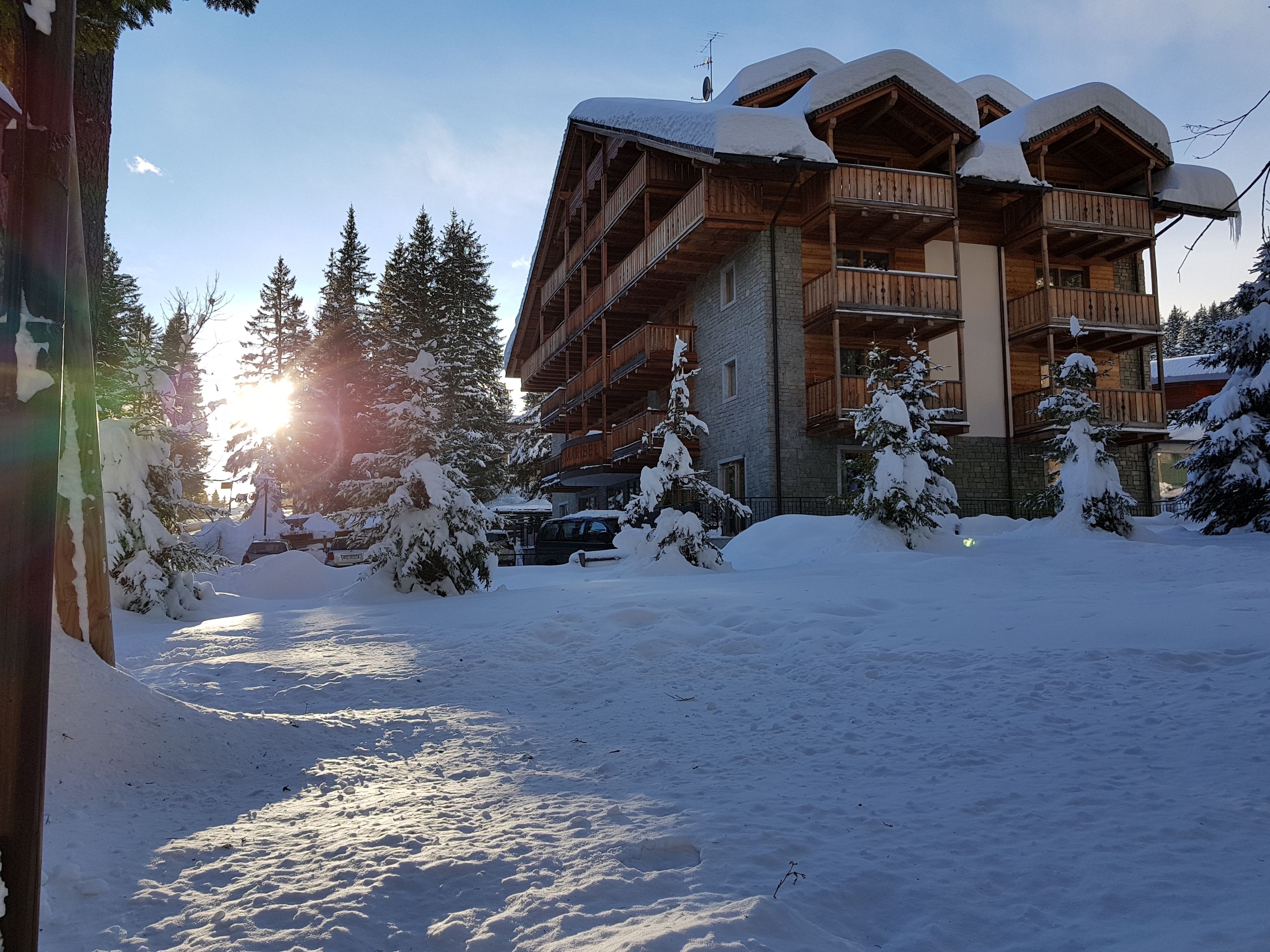 Een houten chalet met balkons, omgeven door met sneeuw bedekte bomen en een heldere lucht.