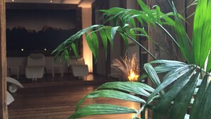 Un interior moderno con piso de madera, un área de estar con sillas blancas y una planta grande en primer plano.