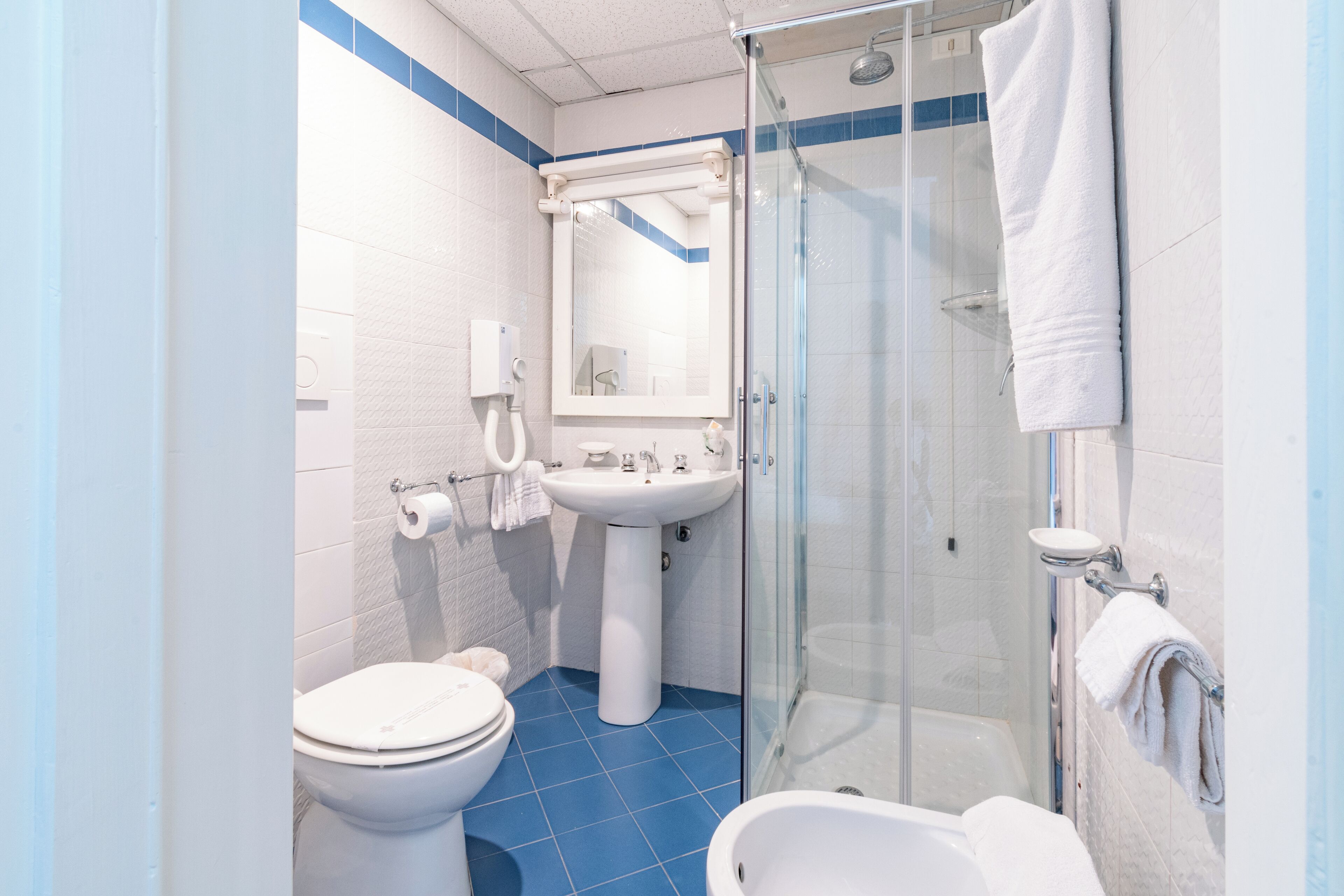 classic single room | bathroom | shower, hair dryer, bidet, towels