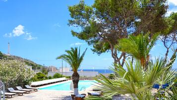 Seasonal outdoor pool, pool umbrellas, pool loungers