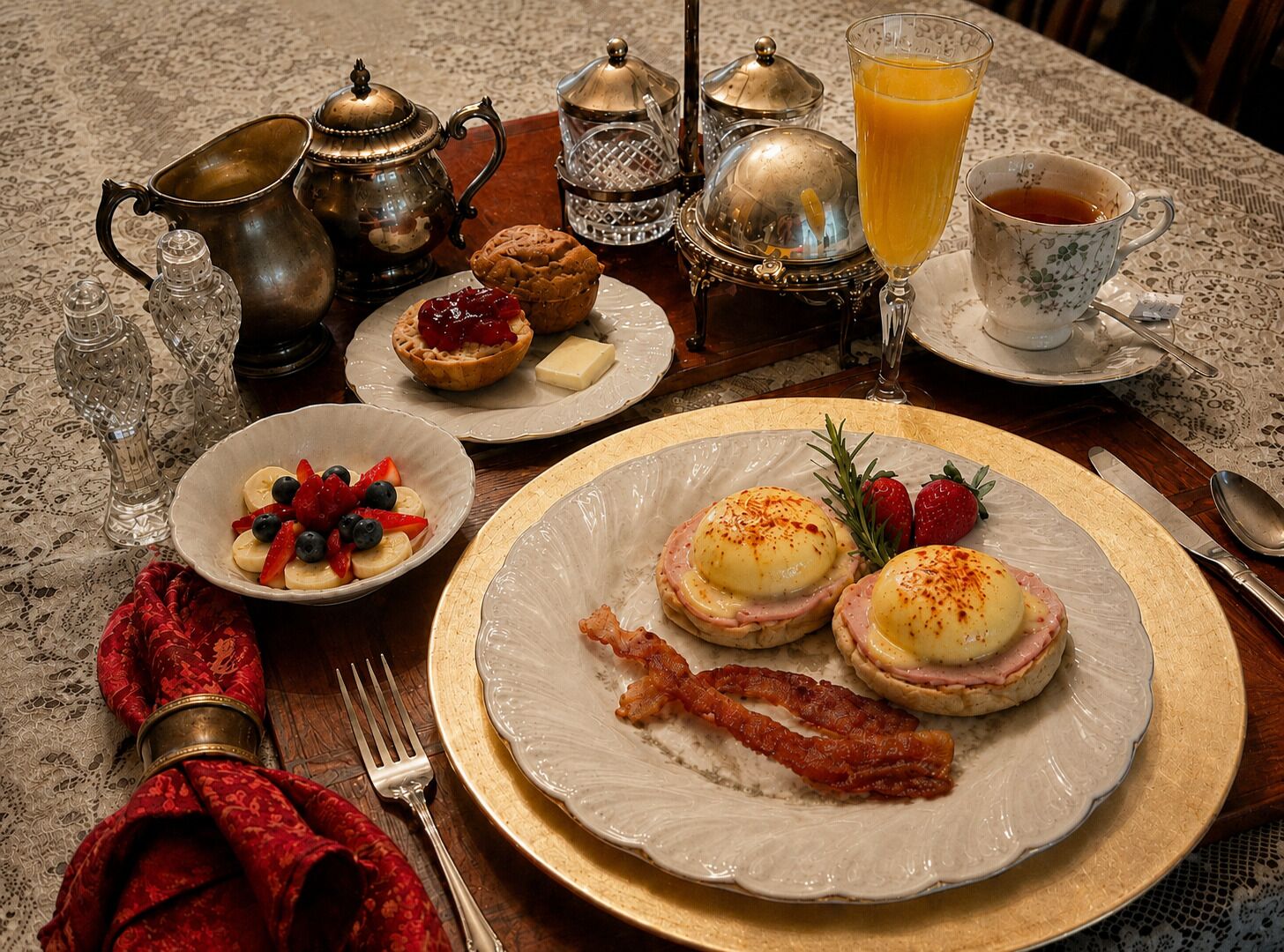 Ein Frühstückstisch mit Eggs Benedict, einem Muffin und einer Obstschale.