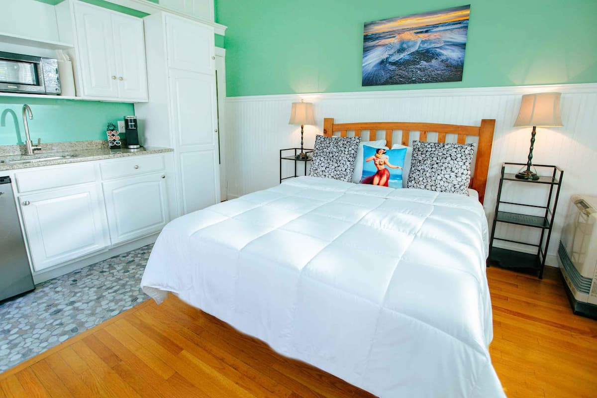 Un dormitorio con una cama grande, una mesita de noche, una lámpara, un cuadro y una zona de cocina con armarios blancos y un microondas.