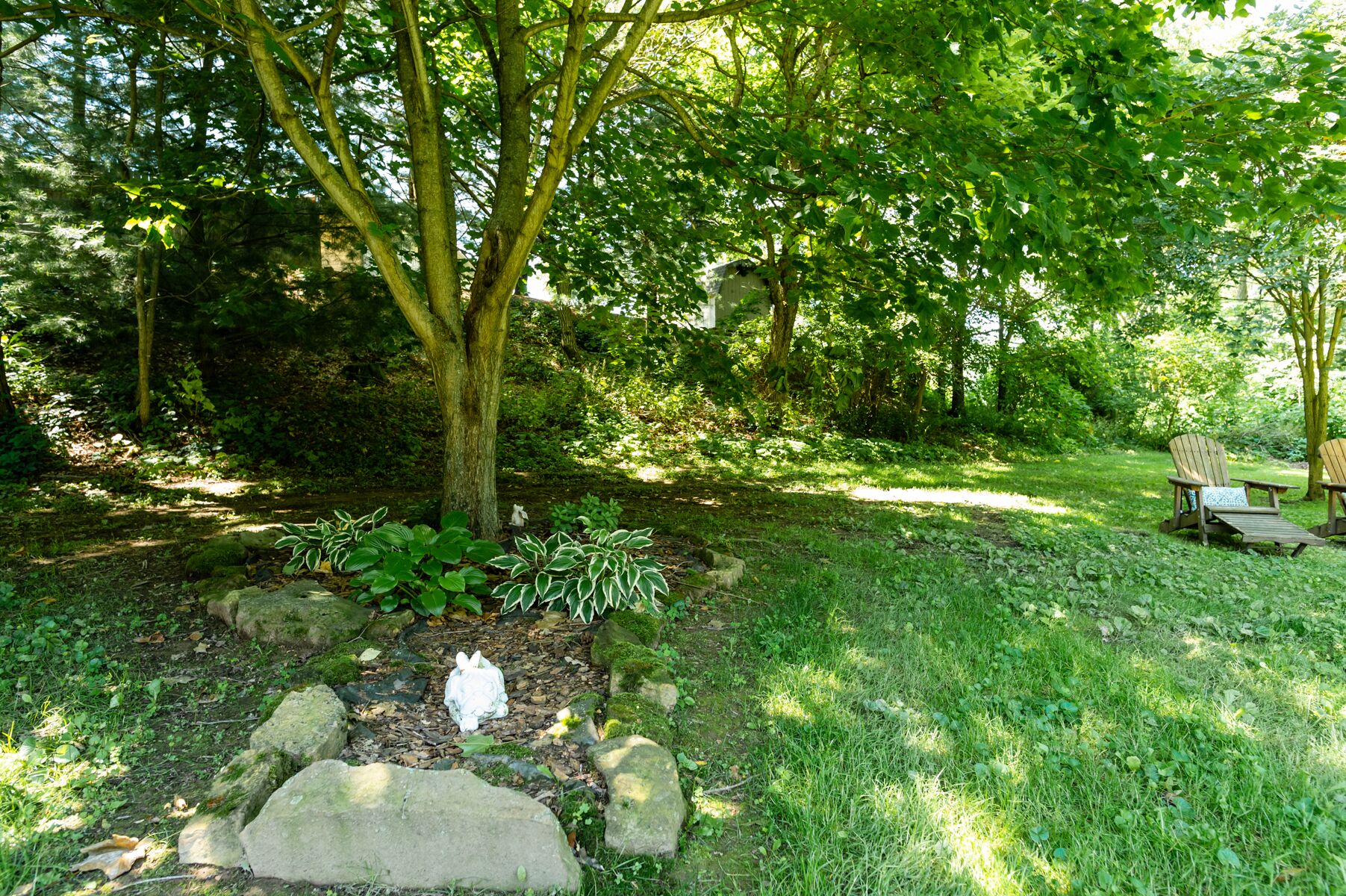 A serene garden with a large tree, a small pond, and wooden chairs.