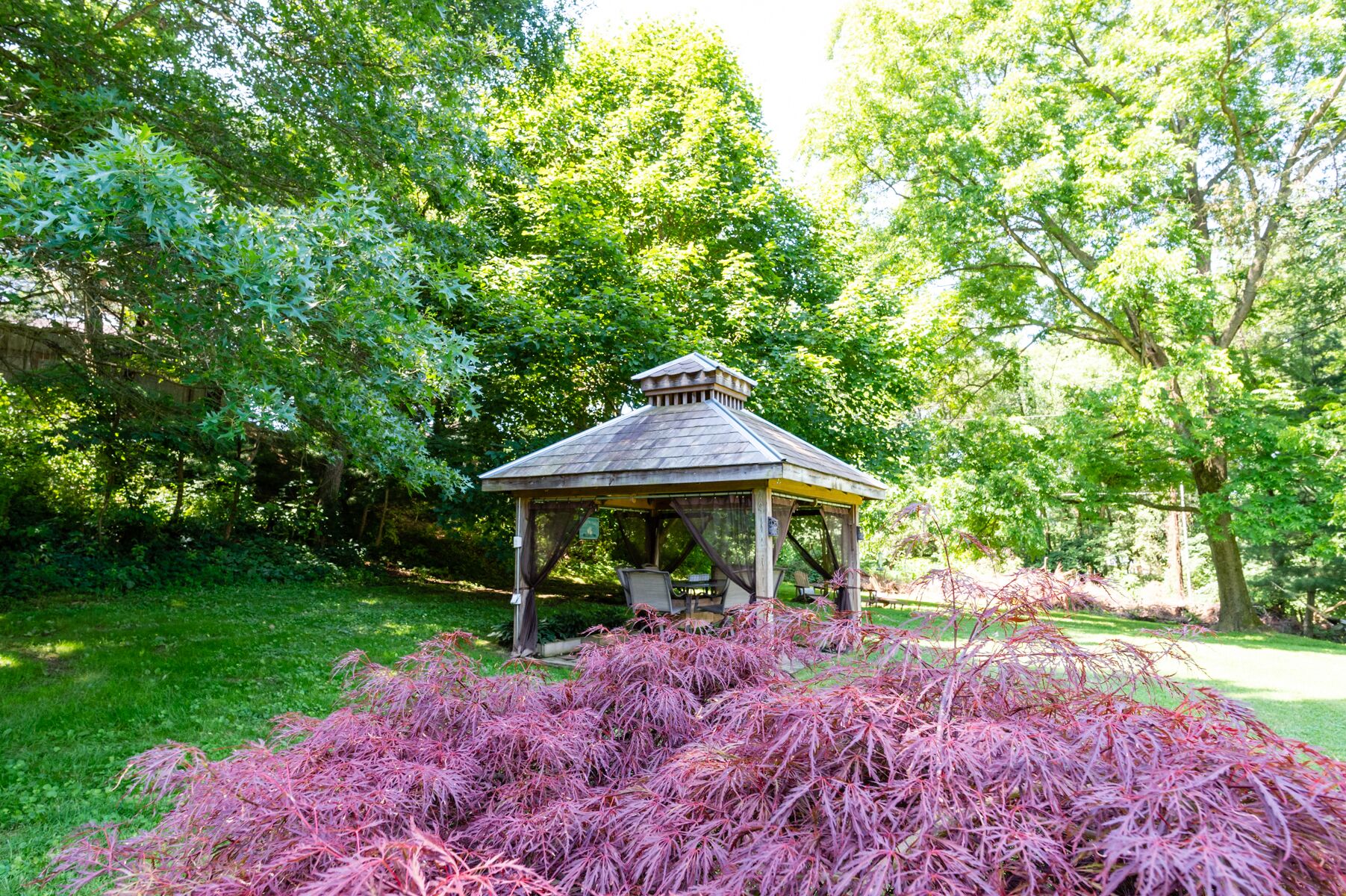 A gazebo with a roof and a table, surrounded by lush greenery and trees.