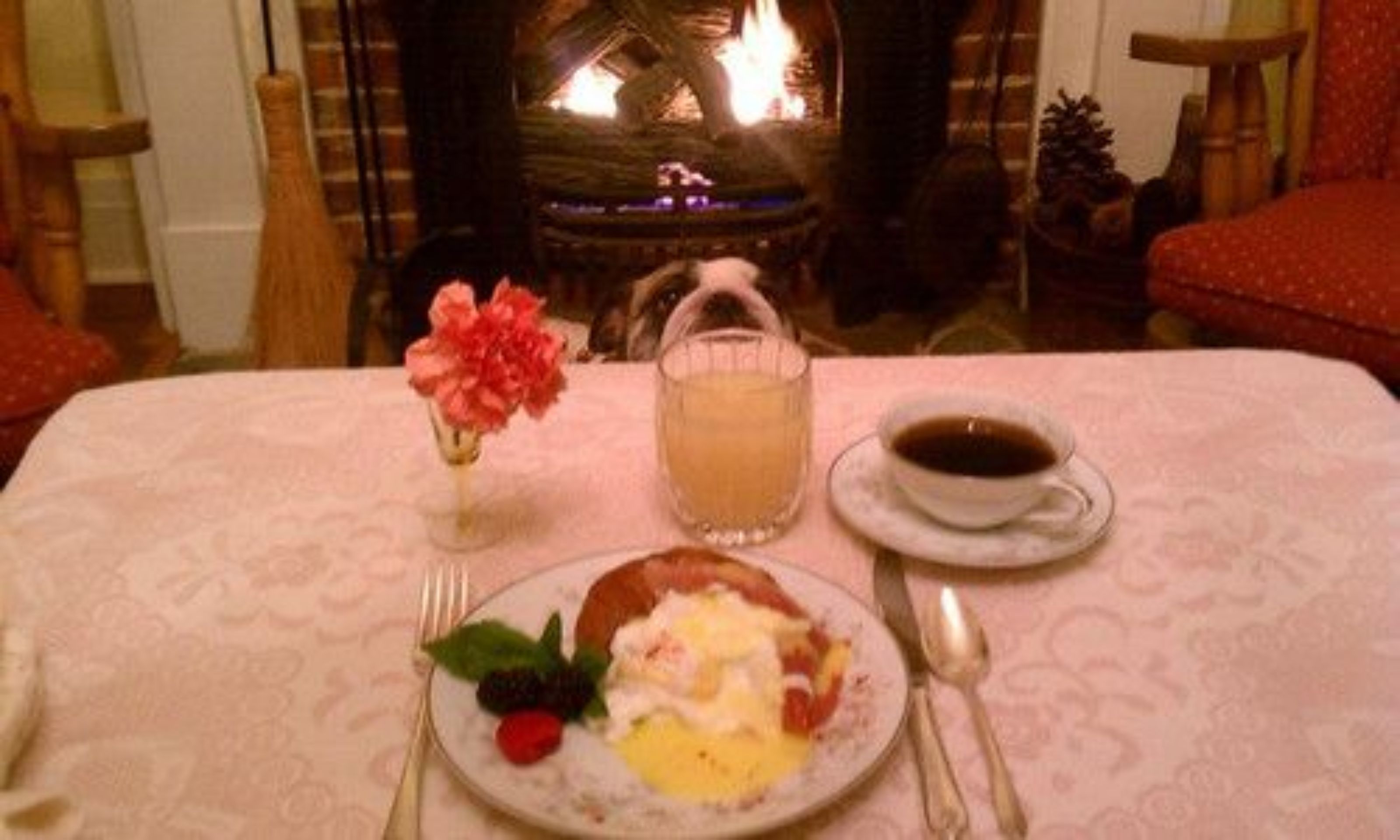 Une table mise pour le petit-déjeuner avec une assiette d’œufs, des toasts et des fruits, un verre de jus d’orange et une tasse de café, le tout posé sur une table recouverte d’une nappe à motifs.
