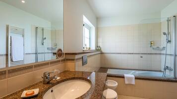 A modern bathroom with a granite countertop sink, a separate toilet, a glass-enclosed shower, and a large mirror.