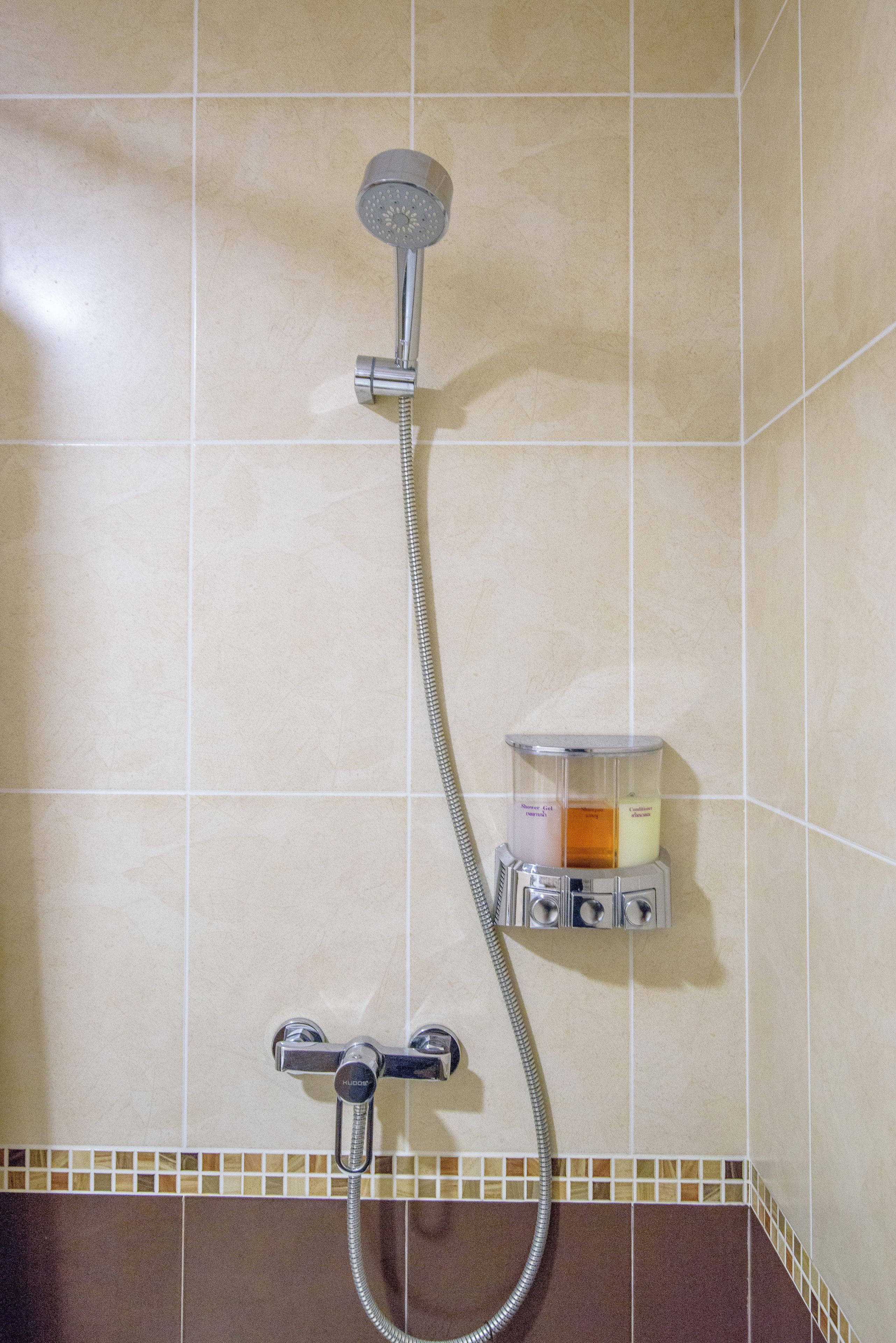 A shower with a handheld showerhead and a wall-mounted control.