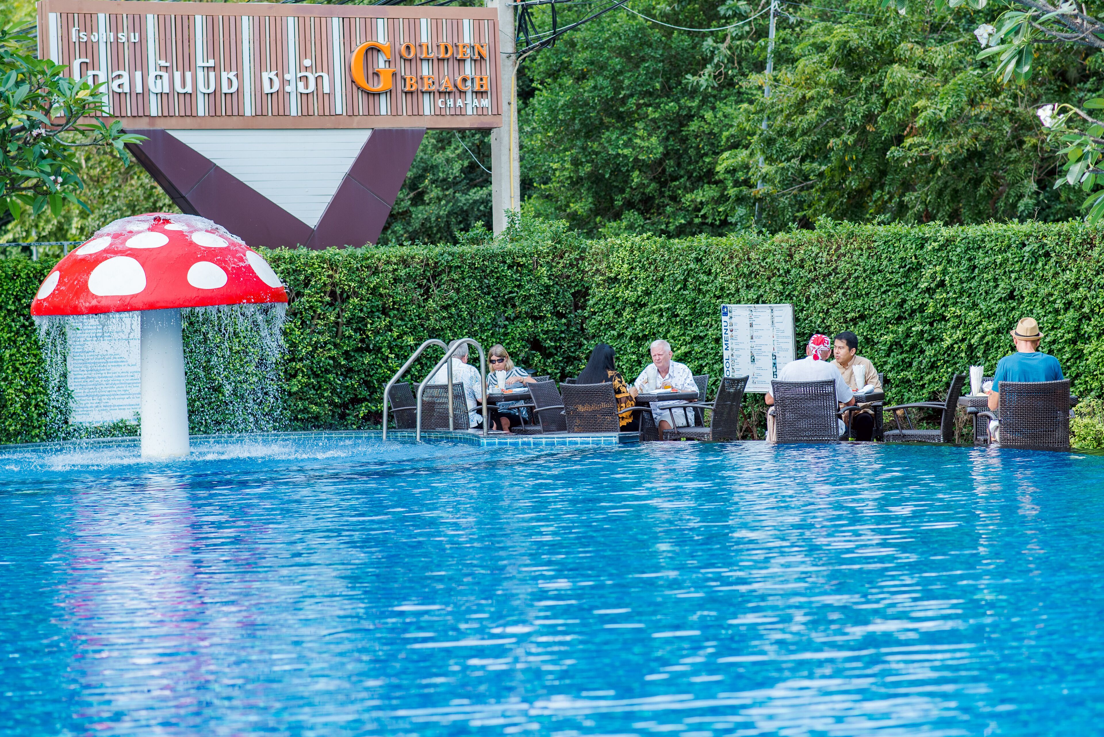 室外泳池；泳池傘、躺椅