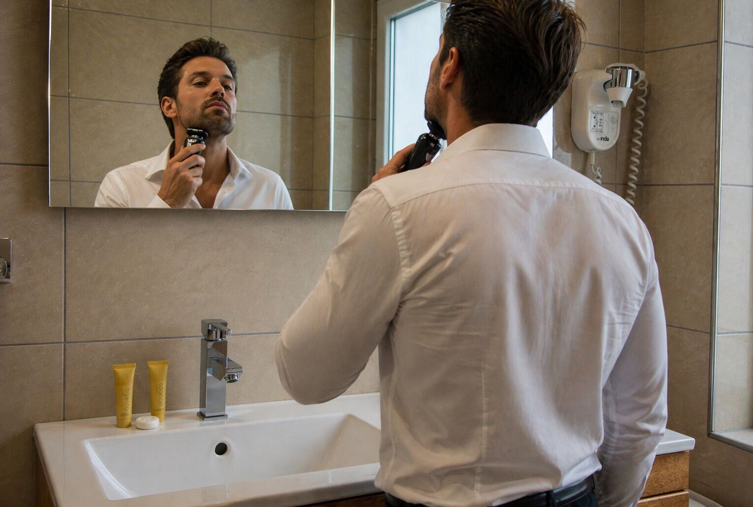 A man in a white shirt using a hair dryer in a bathroom with a sink, mirror, and a phone on the wall.
