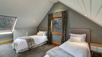 A bedroom with two beds, a skylight, and a view of trees.
