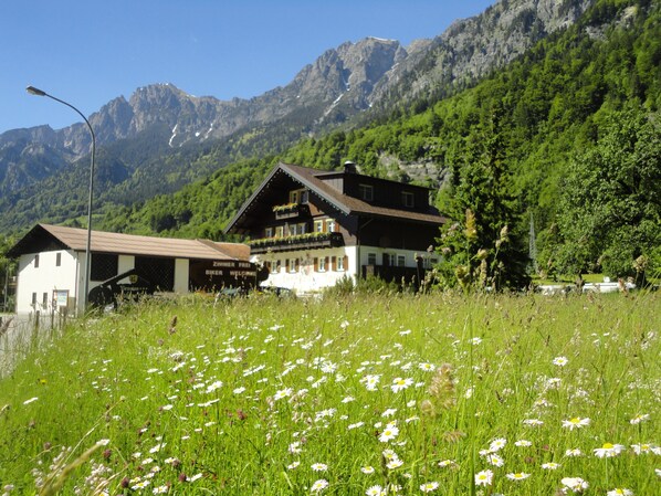 A mountain lodge with a large balcony, surrounded by a meadow with daisies, and a mountain backdrop.