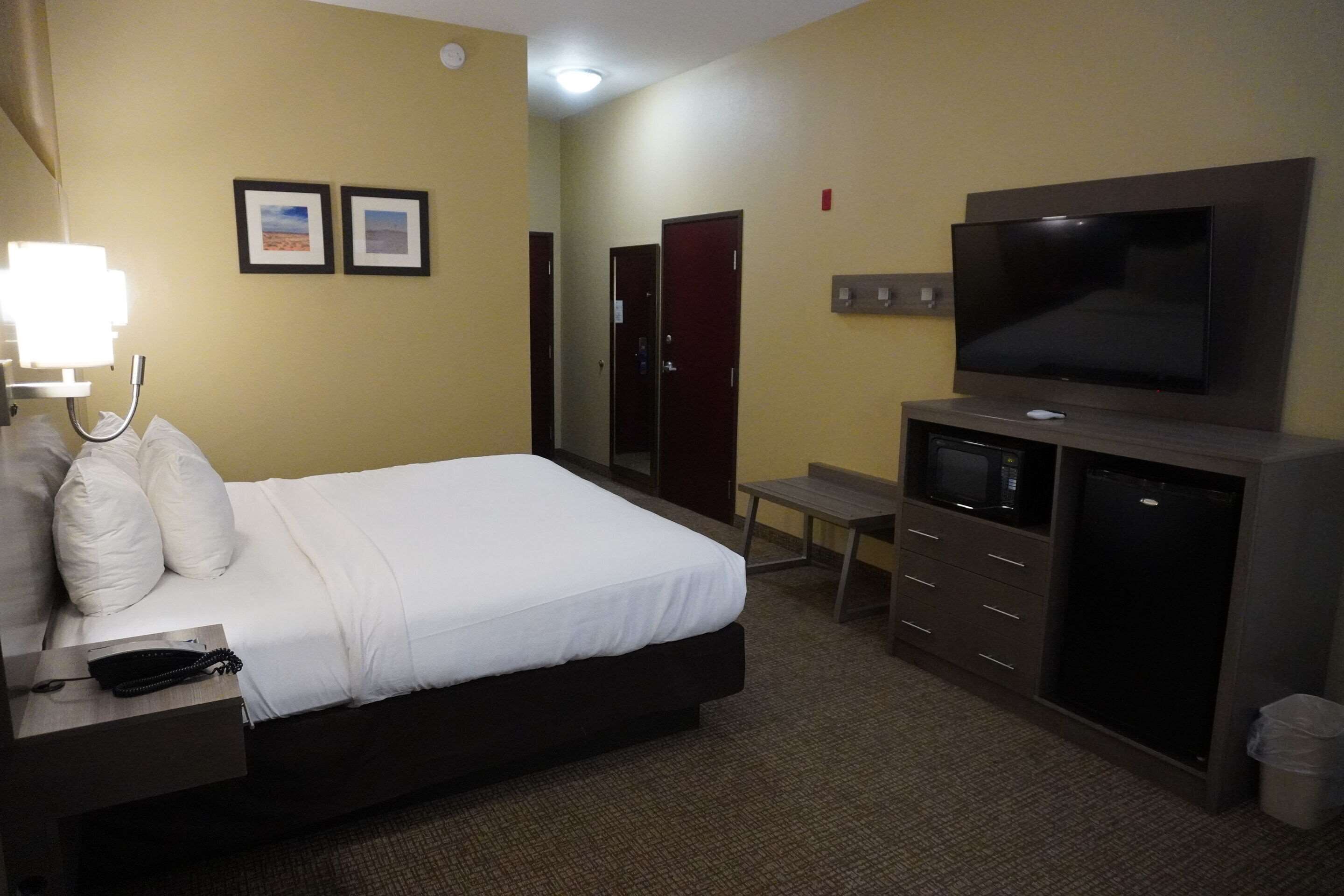 A hotel room with a bed, bedside table, lamp, TV, minibar, and a desk.
