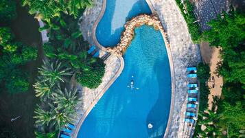 Indoor pool, outdoor pool, open 7:00 AM to 9:00 PM, pool umbrellas