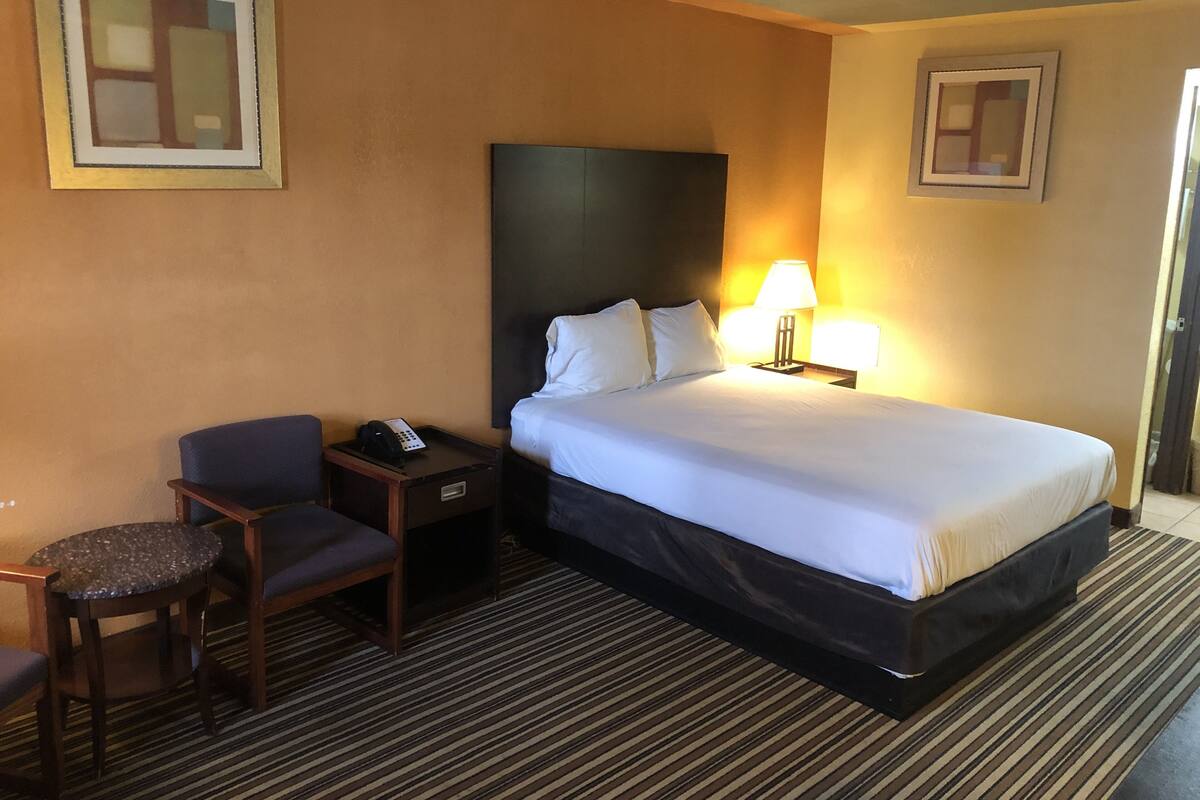 A hotel room with a bed, bedside table, chair, and a lamp.