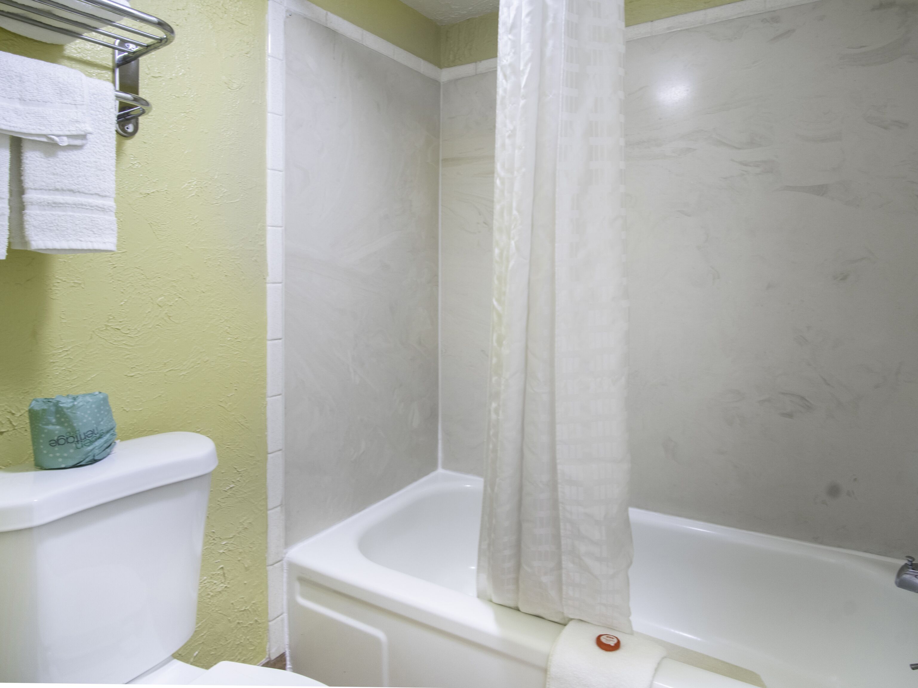 A bathroom with a toilet, a bathtub, and a shower curtain.