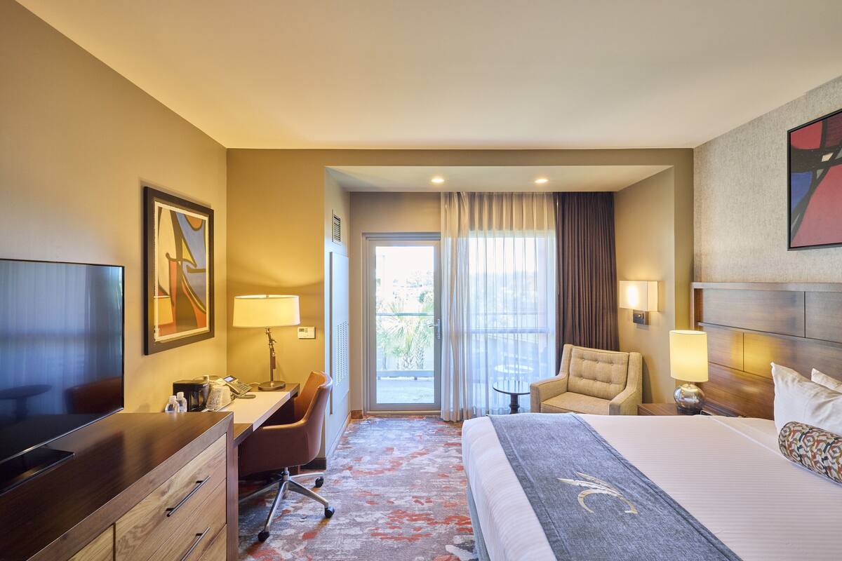 A hotel room with a bed, desk, chair, television, and a view of the outdoors.