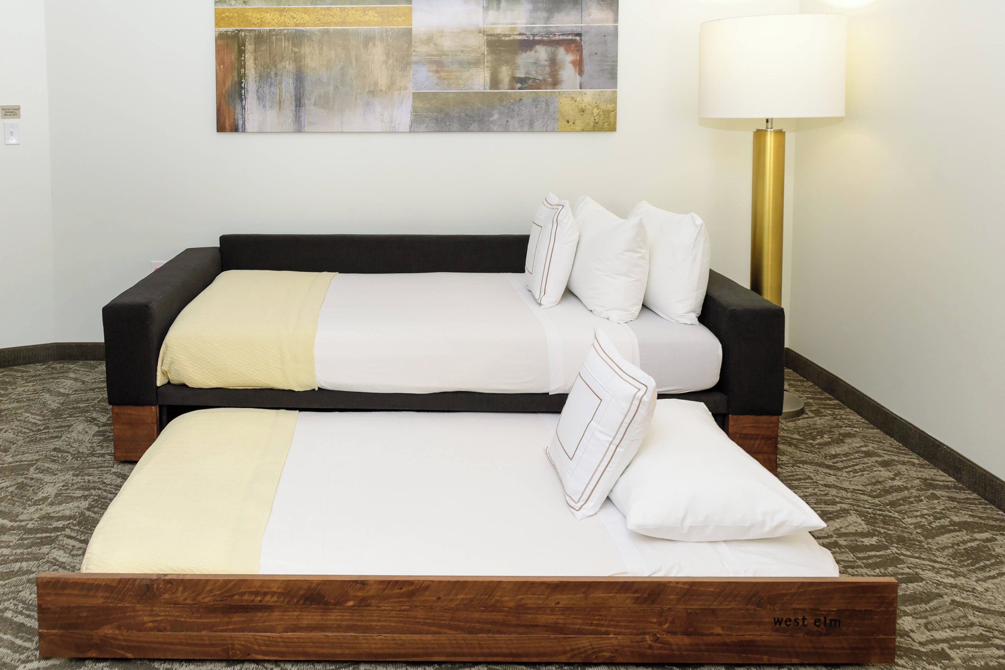 desk, laptop workspace, blackout curtains, iron/ironing board