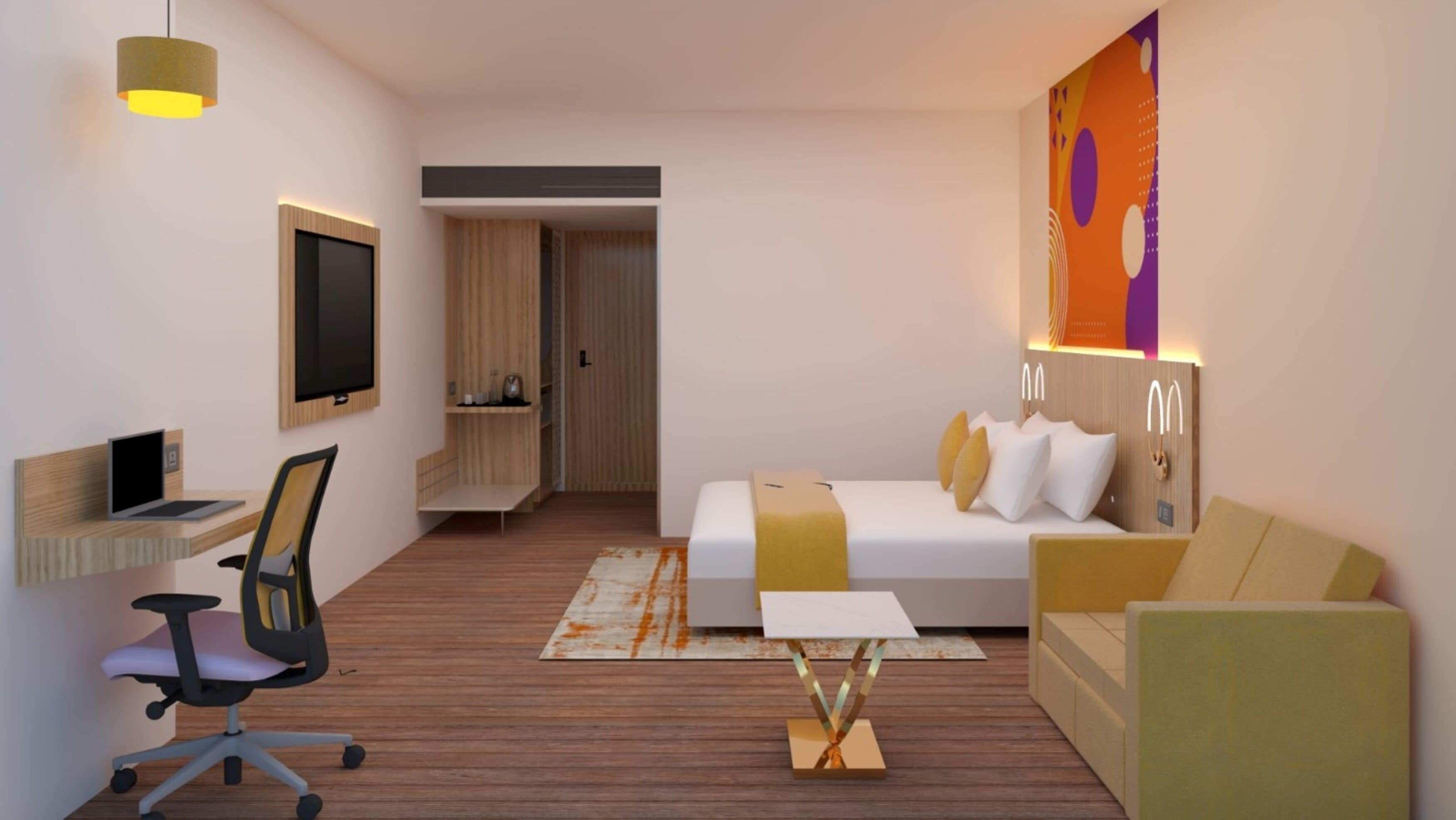 Ett modernt hotellrum med ett skrivbord, en stol, en säng och ett stort konstverk på väggen.