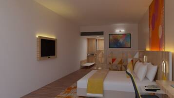 Habitación de hotel moderna con una cama grande, una mesita de noche y un televisor de pantalla plana montado en la pared.