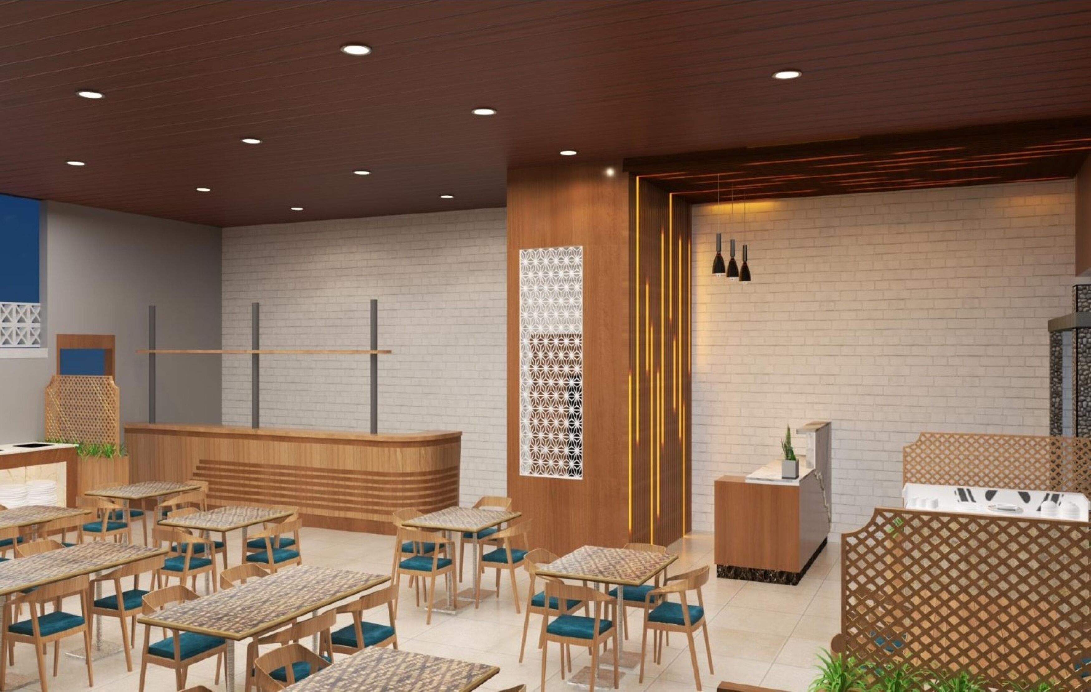 Un restaurante moderno con mesas y sillas de madera, una recepción y una pared con diseño.