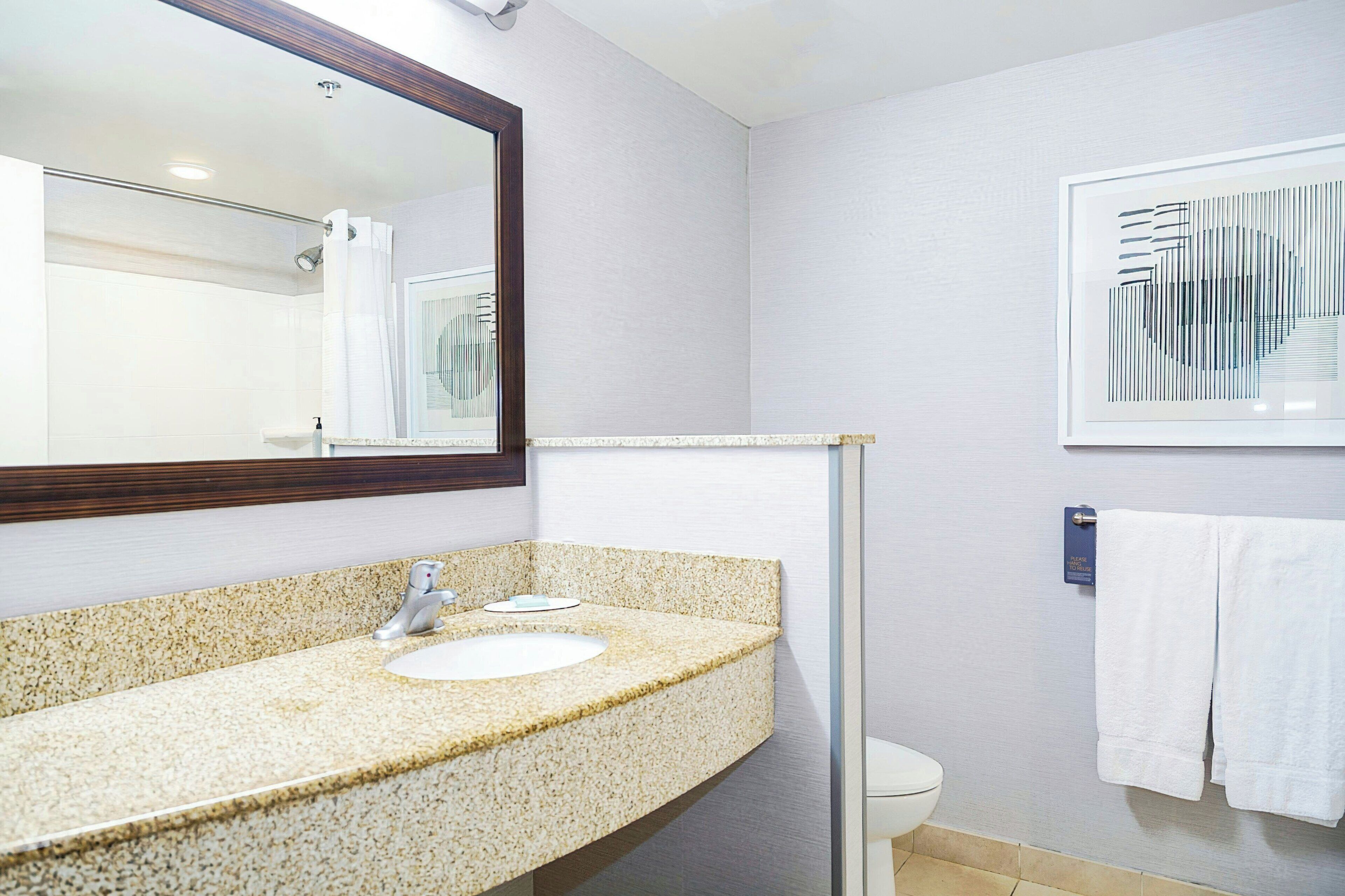 combined shower/bathtub, free toiletries, hair dryer, towels