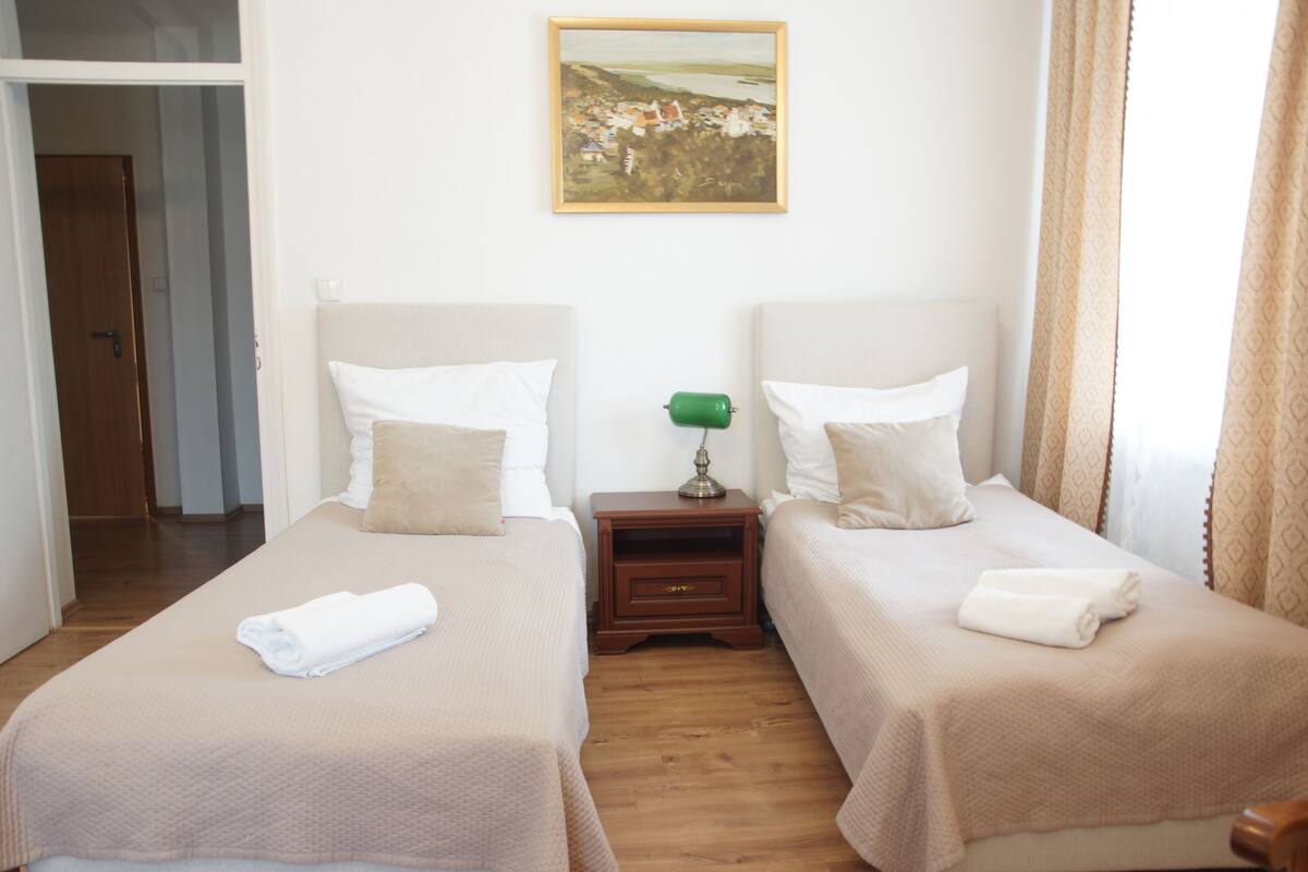 Een hotelkamer met twee eenpersoonsbedden, een klein houten nachtkastje met een lamp, en een schilderij aan de muur.